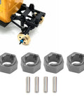 7Mm Hex Wheel Hub Adapter For RC Scale Crawlers, Bulletproof Cnc Aluminum Alloy Build with securing pins displayed near 1/24 RC model.