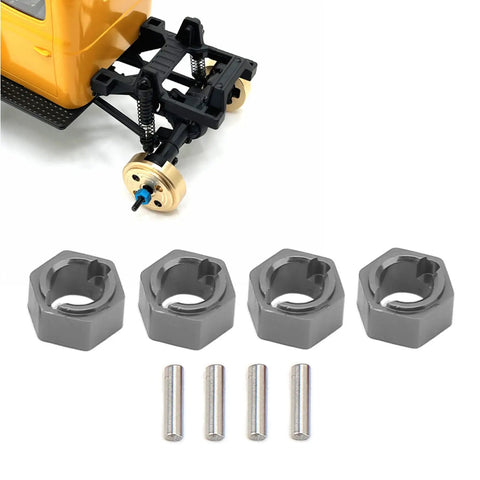 7Mm Hex Wheel Hub Adapter For RC Scale Crawlers, Bulletproof Cnc Aluminum Alloy Build with securing pins displayed near 1/24 RC model.