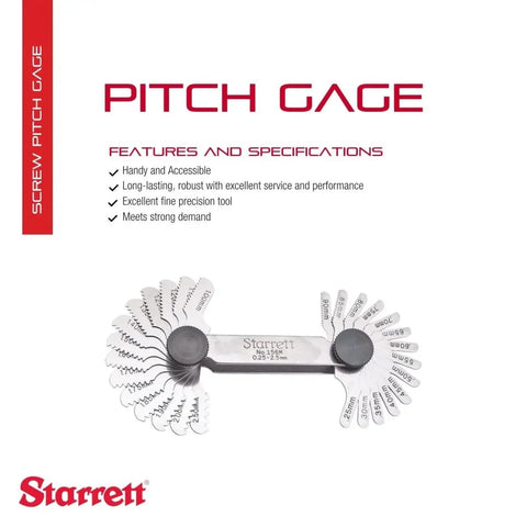 Steel Screw Pitch Gauge With Locking Device Heavy Duty Pro Grade For Construction And Home Improvement 0.25-2.50 mm Range 28-Leaf Precision Tool shown open with product features and Starrett logo