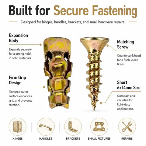 6x14mm expansion anchors for wood and cabinet hinge screws, detailed design features and screws for stripped screw hole repair.