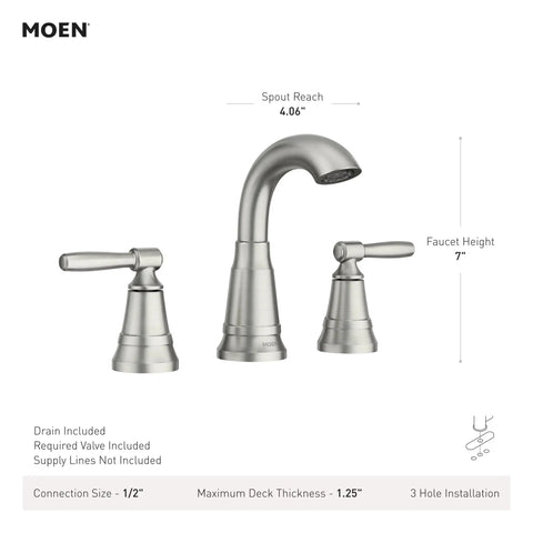 Halle Spot Resist Brushed Nickel Widespread Bathroom Faucet With Drain Assembly For 3 Hole Setups, side view dimensions