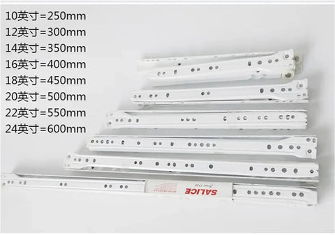 Different sizes of white drawer slides, including smooth drawer slides and cabinet rails for kitchen, office, and workshop gear.