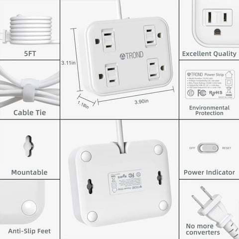 2 Prong To 3 Prong Power Strip Converter With 4 Outlets And 4 USB Ports, 5ft Extension Cord, Wall Mountable features overview