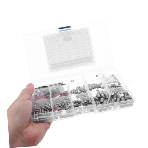 Person holding Beefy 300 Piece Stainless Steel Set Screws Kit With Allen Wrenches Cup Point Hexagon Headless Grub Screws