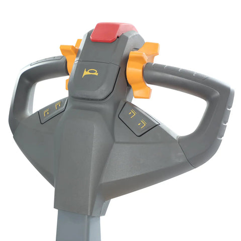 Close-up of ApolloLift Fully Powered Electric Stacker control handle with buttons for easy maneuvering.