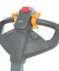 Heavy Duty Electric Pallet Stacker With One Eighteen Inch Lift Height And Three Thousand Three Hundred Pound Capacity For No Sweat Hauling Featuring Gel Battery Power adjustable control handle with safety buttons.