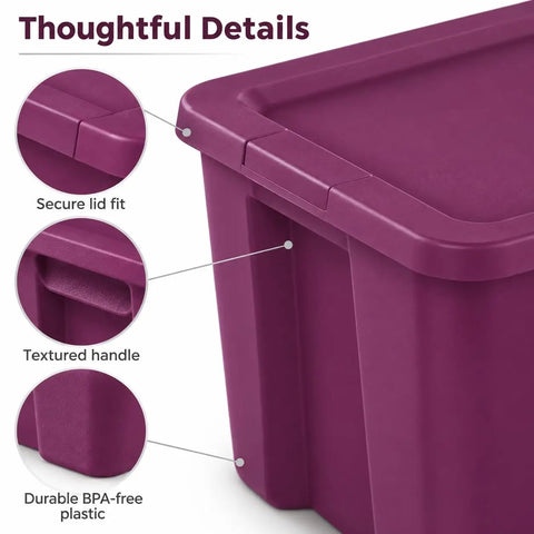 Top Shelf 18 Gallon Storage Bin With No Sweat Snap On Lid showcasing secure lid fit, textured handle, and durable BPA-free plastic.