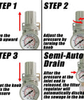 Instruction diagram showing the Three Eighth NPT Air Filter Regulator Combo with step-by-step guide on adjusting pressure and semi-auto drain.