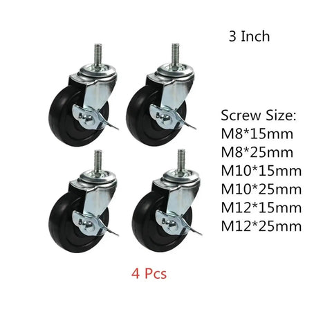 Pack Of 4 3 Inch Rubber Wheels With Silent Casters For Furniture M8 M10 M12 Fit Wear Resistant Solid Furniture Protection