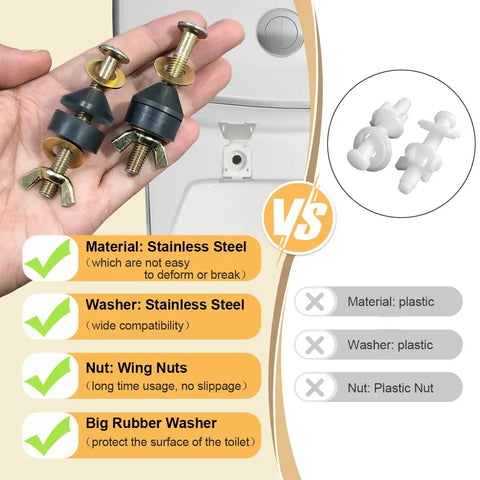 Durable Stainless Steel Toilet Seat Screws Replacement Kit With Bolts, Nuts, Washers, And Lifter comparison with plastic alternative