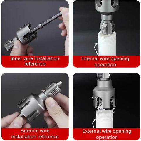 Premium Integrated Internal And External Pipe Threading Toolkit Upgraded For 1/2 Inch 3/4 Inch 1 Inch PVC And Steel Pipes showing inner and external wire installation operations.
