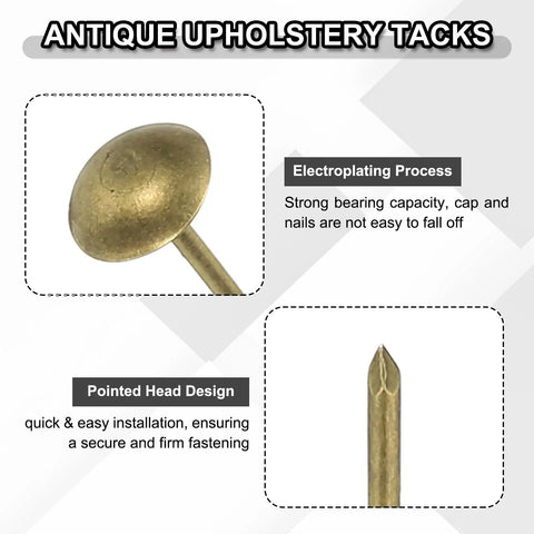Antique upholstery tack with a round head, illustrating electroplating process and pointed design for secure fastening.
