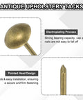 Straight Up Premium 200 Pack Heavy Duty Upholstery Tacks With Round Metal Thumb Nail Pins Vintage Hardware, antique round metal tack with pointed head design.
