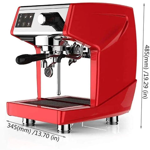 Red espresso machine with dual spouts, black handle, and control panel, shown on a white background with dimensions labeled.