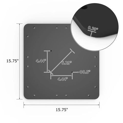 Offset Patio Umbrella Steel Plate Base 15.75 Inches Square 0.39 Inch Thick Black Powder Coated Heavy Duty Screw Reinforced Stand diagram