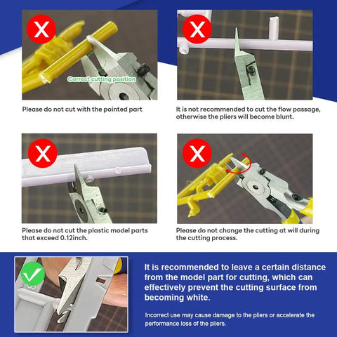 Instructions showing proper and improper use of Pro Grade Ultra Thin 4.7 Inch Nipper with Single Edge Blade for model kits.