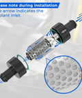 Five Eighth Inch Universal Inline Heater Core Coolant Filter Keeps Radiators Running Smooth Flushes Built Up Gunk And Scale High Flow Design Snap On Clips Heavy Duty Steel Build, showing mesh filter and coolant inlet direction.