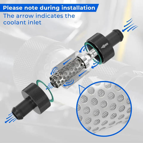 Five Eighth Inch Universal Inline Heater Core Coolant Filter Keeps Radiators Running Smooth Flushes Built Up Gunk And Scale High Flow Design Snap On Clips Heavy Duty Steel Build, showing mesh filter and coolant inlet direction.