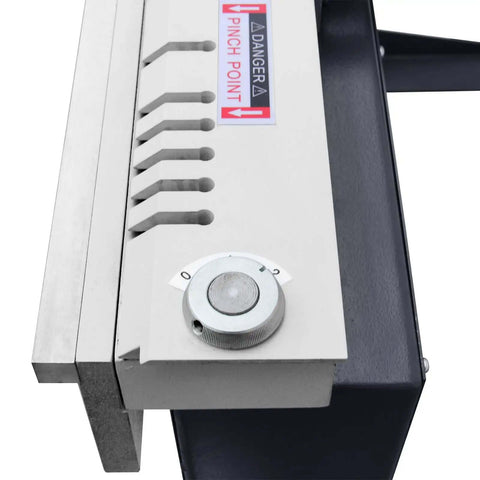 Close-up of Pro Grade 48 Inch Magnetic Box And Pan Sheet Metal Brake with clamp points and control knob visible
