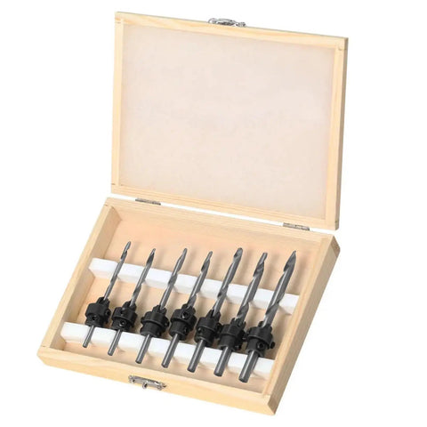 Top Shelf Seven Piece Countersink Drill Bit Set For Woodworking Craftsmen in a wooden box with heavy duty bits.