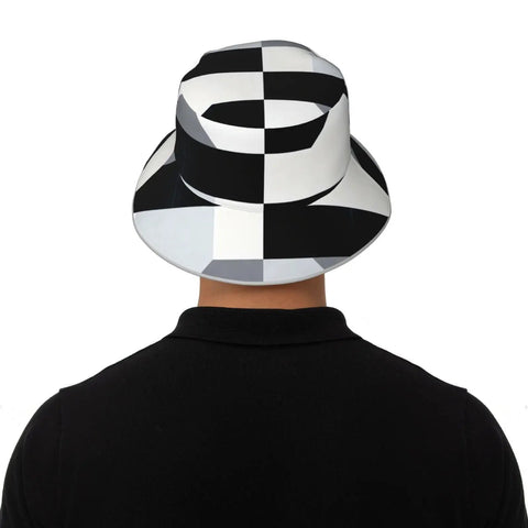Fire Black And White Piano Grid Print Bucket Hat With Double Sided Reflective Trim Unisex Lightweight Polyester Sun Shield Cap For Summer Vibes And Travel from the back on model.