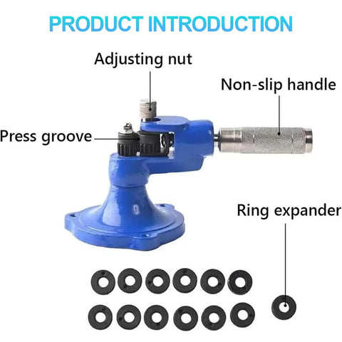 Portable Ring Stretcher And Expander Tool Featuring 13 Heavy Duty Dies For No Sweat Jewelry Resizing with non-slip handle.