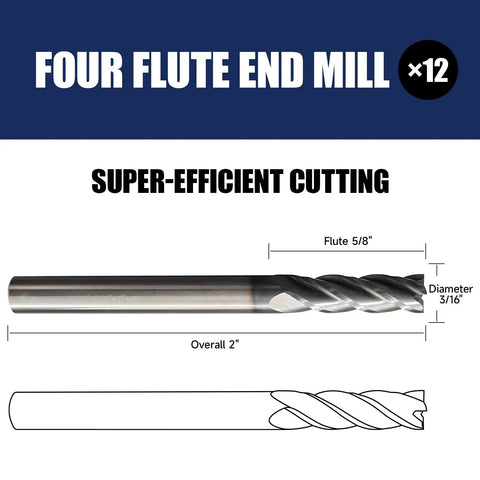 Six Piece Carbide Square End Mill Set In Three Sixteenth Inch Size Four Flute TiAlN Coated CNC Milling Bits For Steel display