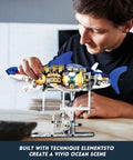 Man assembling Dope Mechanical Cyberpunk Shark Building Set with Display Stand and Lights for Adults, 687-Piece LEGO Compatible Model.