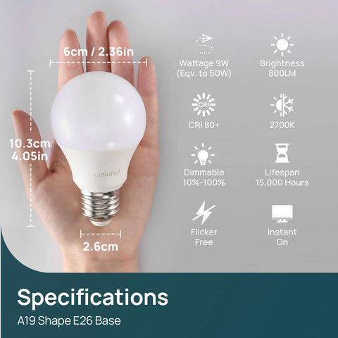 Dimmable A19 LED Bulbs 9W, 60W Equivalent, 800 Lumens, 2700K Warm White Glow, E26 Base, hand holding bulb