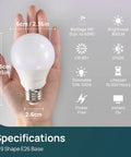 Hand holding Dimmable LED A19 Bulbs 60W Equivalent 800 Lumens 2700K Soft White E26 Base 9W Energy Saving Perfect For Bedroom Living Room Home Office 12 Pack Ideal For Cozy Warm Vibe And Easy Dimming, showing specifications like dimensions and CRI.