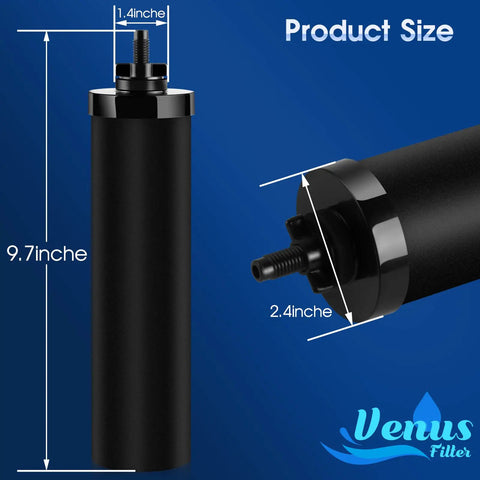 BB9-2 Water Filter Replacement For Berkey Gravity Purification Systems with size dimensions, black 2 pack design.