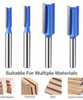 Heavy Duty 4 Piece Flush Trim Router Bit Set with 6Mm Shank And Bearing For Smooth Woodworking On Drawers Cabinets and Custom Projects Made Of Super Hard Steel To Prevent Kickback showing different router bits.