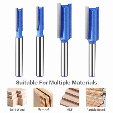 Heavy Duty 4 Piece Flush Trim Router Bit Set with 6Mm Shank And Bearing For Smooth Woodworking On Drawers Cabinets and Custom Projects Made Of Super Hard Steel To Prevent Kickback showing different router bits.