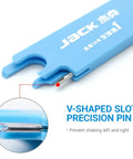 Close-up of blue V-shaped slot precision pin tool with text showing function to prevent shaking left and right.
