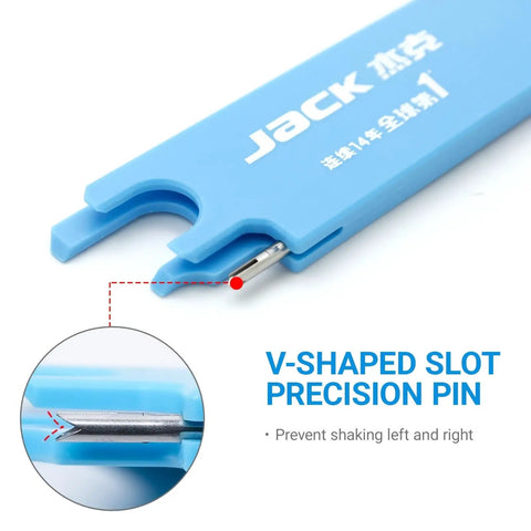 Close-up of blue V-shaped slot precision pin tool with text showing function to prevent shaking left and right.