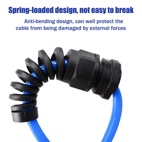 Close-up of 10 Pack IP68 Waterproof Nylon Cable Gland Connector Kit showing spring-loaded design and blue cable.