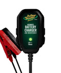 12V Smart Battery Charger And Maintainer For Powersports Riders Straight Up Restoration Of Motorcycles Atvs And Utv Batteries, black and red device with clips.