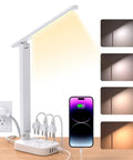 Clean Vibes Led Desk Lamp With Power Strip And 5 Ft Extension Cord showcasing light settings and charging phone.