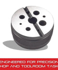 Workhorse Steel Bench Block For Metalworking And Woodworking, 3 Inch Diameter, 1.5 Inch High, showing holes and V-groove.