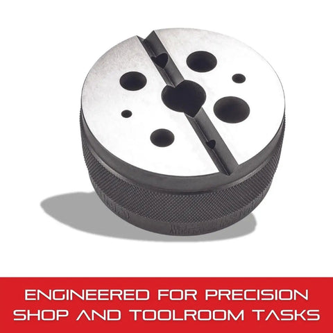 Workhorse Steel Bench Block For Metalworking And Woodworking, 3 Inch Diameter, 1.5 Inch High, showing holes and V-groove.