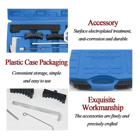 Top Shelf Car Timing Tool Kit With Hardcore Grip Camshaft Holding Belt And Shop Tested Timing Locking Kit For Auto Camshaft Tensioning and Dead Center Alignment Compatible With 16V 1.4 1.6 1.8 En6340 Km6340 Blue in a durable plastic storage case.