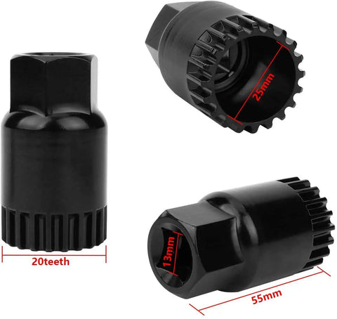 Bike Crank Extractor And Bottom Bracket Remover Kit components with 20 teeth, 25mm, 13mm, and 55mm dimensions, black metal finish.