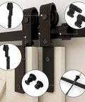 Sliding Barn Door Hardware Kit For Double Wooden Doors, 6FT Single Track System showing carbon steel J shape hangers and components.