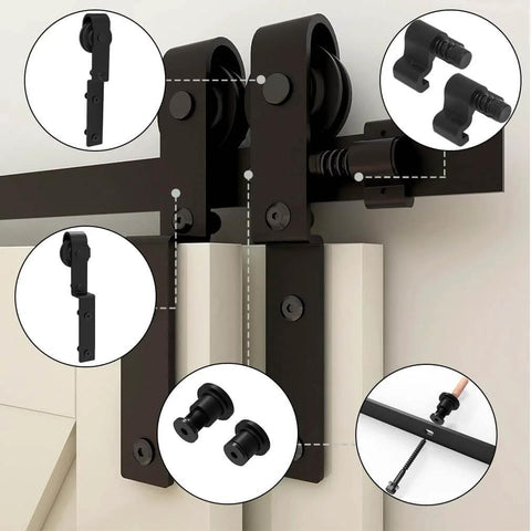 Sliding Barn Door Hardware Kit For Double Wooden Doors, 6FT Single Track System showing carbon steel J shape hangers and components.