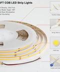 65.6ft 20m 3000K COB LED Strip Lights with 504 LEDs per meter DC48V flexible rope light with CRI 90 plus 3M tape detail