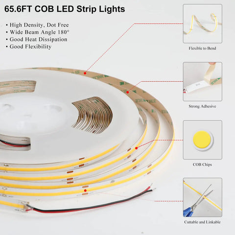 65.6ft 20m 3000K COB LED Strip Lights with 504 LEDs per meter DC48V flexible rope light with CRI 90 plus 3M tape detail