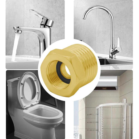 Brass adapter for faucet hoses fitting for kitchen, bathroom, and RV plumbing showcasing versatile use and easy installation.