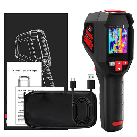 Rechargeable Handheld Infrared Thermal Camera With 240 By 240 Resolution, packaging, USB cable, and manual visible