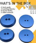 Blue Aluminum Jack Pad Adapters With Bulletproof Build And Drop Dead Simple Fitment, 4 pack with locking blocks and screws.