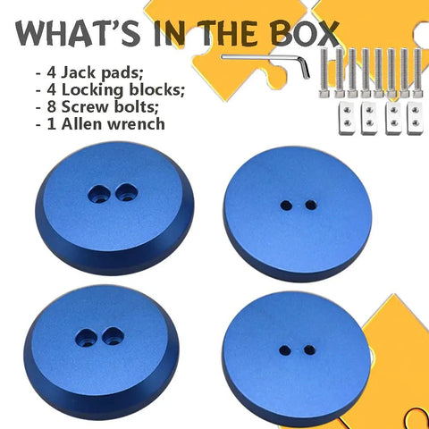 Blue Aluminum Jack Pad Adapters With Bulletproof Build And Drop Dead Simple Fitment, 4 pack with locking blocks and screws.